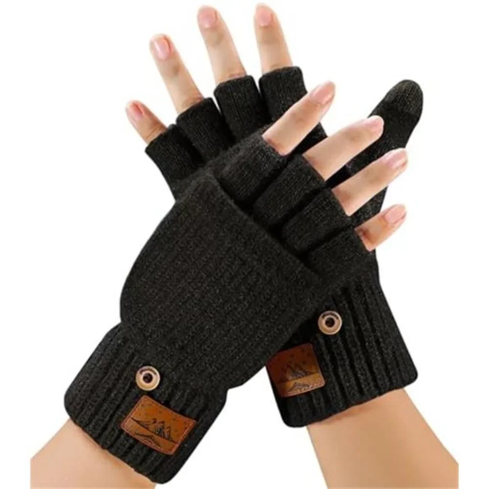 Women's Winter Fingerless Gloves Mittens Finger Wool Gloves with Flip